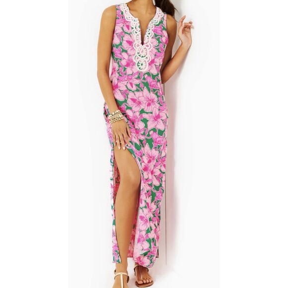 Lilly Pulitzer Dresses & Skirts - Lilly Pulitzer Elliotta Maxi Shift Hibis Kiss Pink Green Floral Pearl Dress 4